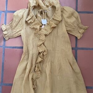 Dôen Piper Dress mini puff sleeve ruffle semolina mustard yellow gold color XS